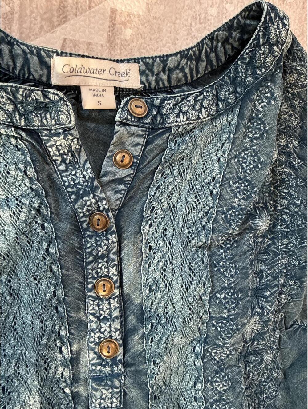 Coldwater Creek Blue Viscose Embroidered Long Sleeve Blouse